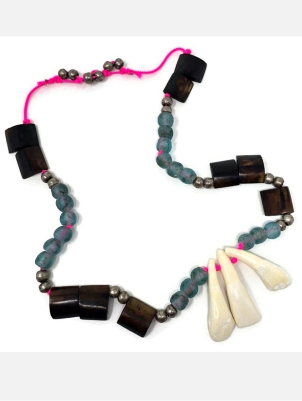 Handmade Tribal Glass Bone & Silver Bead Necklace Hot Pink Paracord OOAK